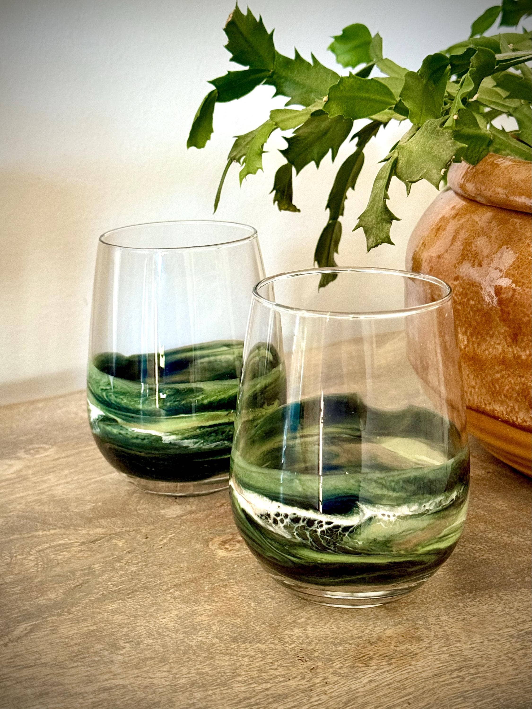 Artful Nests - Wholesale Wine Glass - Stemless Wine Glass - Holiday Green Glassware - Gift for Host Wine4
