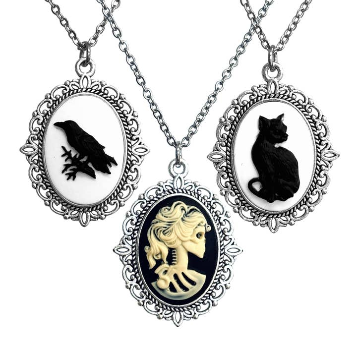 Gothic Lolita cameo pendant necklace crow skeleton black cat for wholesale by UMBRELLALABORATORY