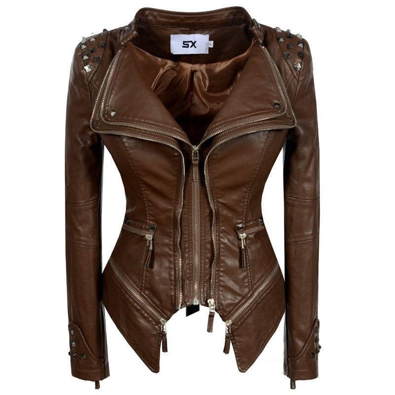 UZ Wholesale Store - Vente Veste en cuir – femme - Veste moto en cuir lavé slim fit avec rivets1
