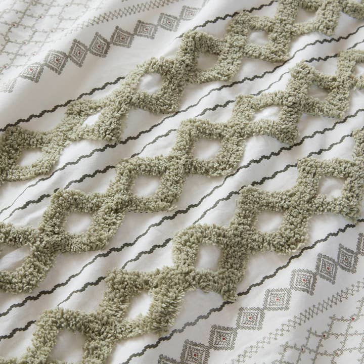 Olliix - Wholesale Bedding Set - 3pc Aztec Print Tufted Chenille Comforter Set, Sage/Ivory12