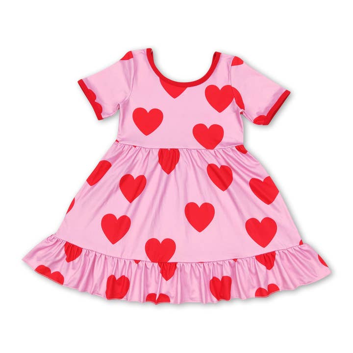 Short sleeves heart ruffle girls valentines dresses for wholesale by Yawoo Garments