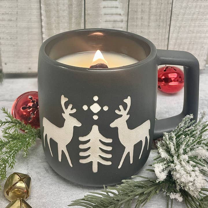Crooked River Candle - Wholesale Jar/Filled Candle - Holiday Mug Candle-Matte Grey-Scandinavian Deer-Wood Wick