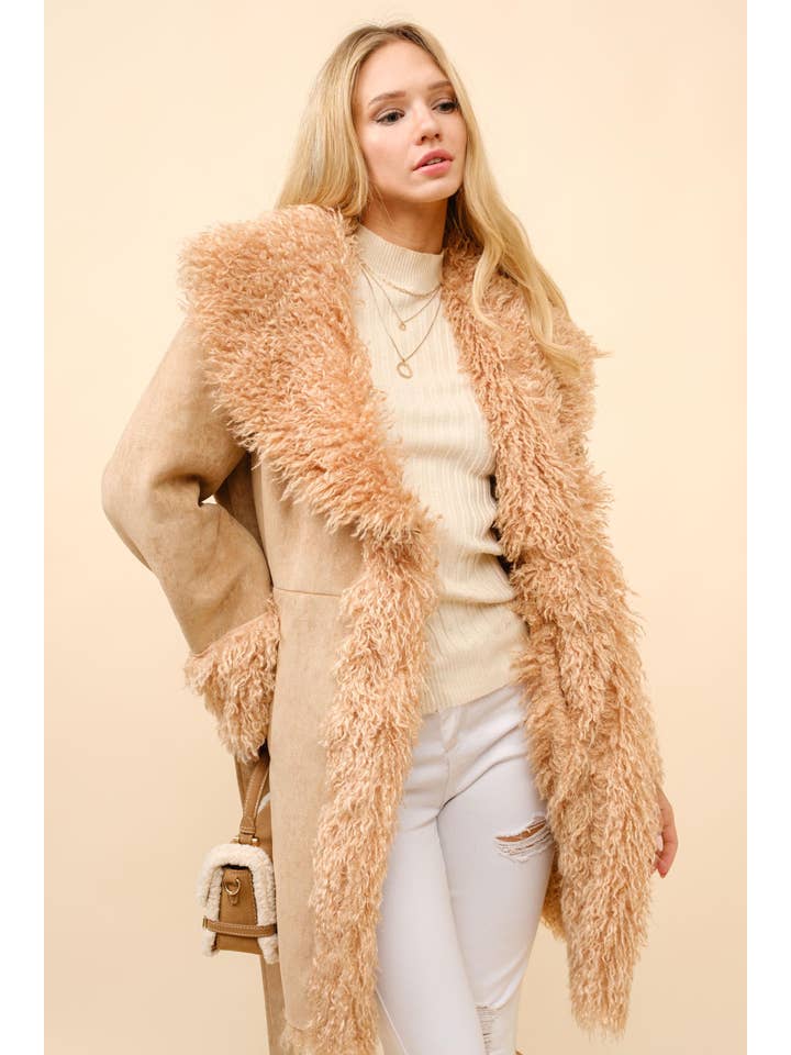 TAN 36235J - Mid Length Fur Belted Coat for wholesale on Faire