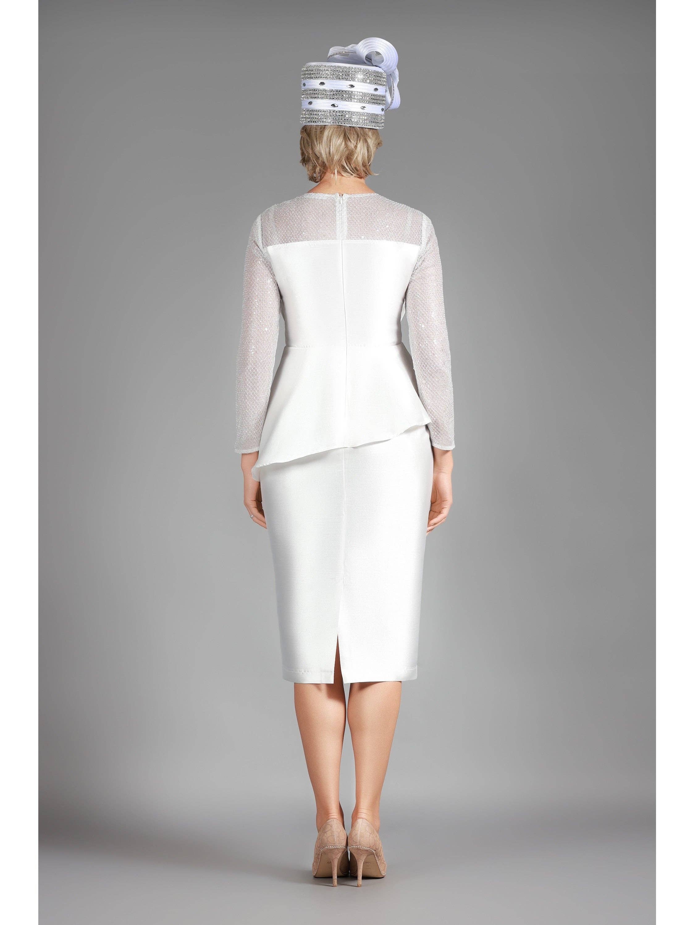 IVORY Pleated Pplm Silky Twl Drs w/ See-thru Lace Slvs for wholesale on Faire2