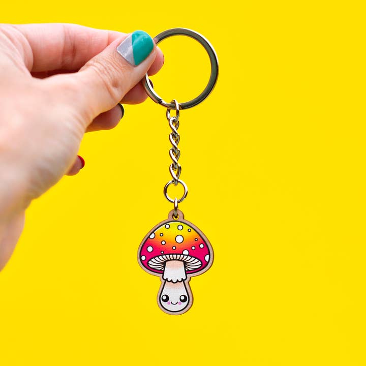 happy mushroom / woodland kawaii wooden keychain for wholesale by jesiiii