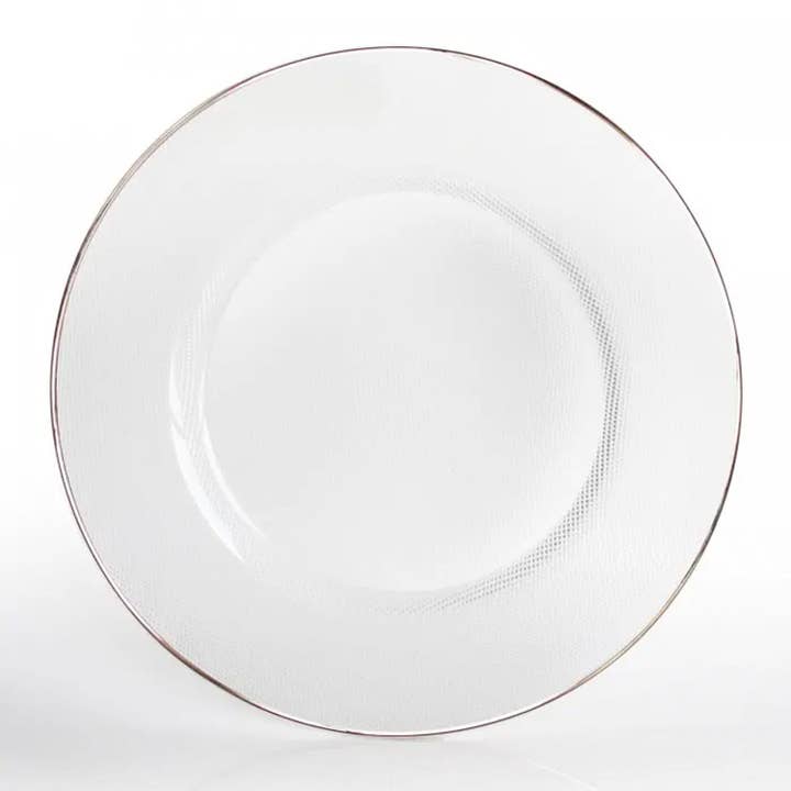 Assiette à charger en verre blanc 13 « D » avec rebord en platine de 5 cm pour la vente par Jay Import CO