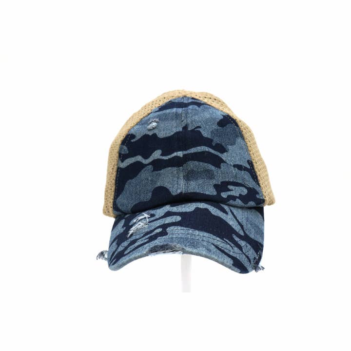 C.C Beanie - Wholesale Ponytail Cap - Women's - Washed Camouflage Stretch Mesh High Pony CC Ball Cap BT787