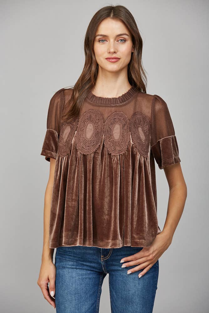 FATE – Blusa - Mulher por atacado – TOP DE VELUDO COM DETALHE DE RENDA FT2547417