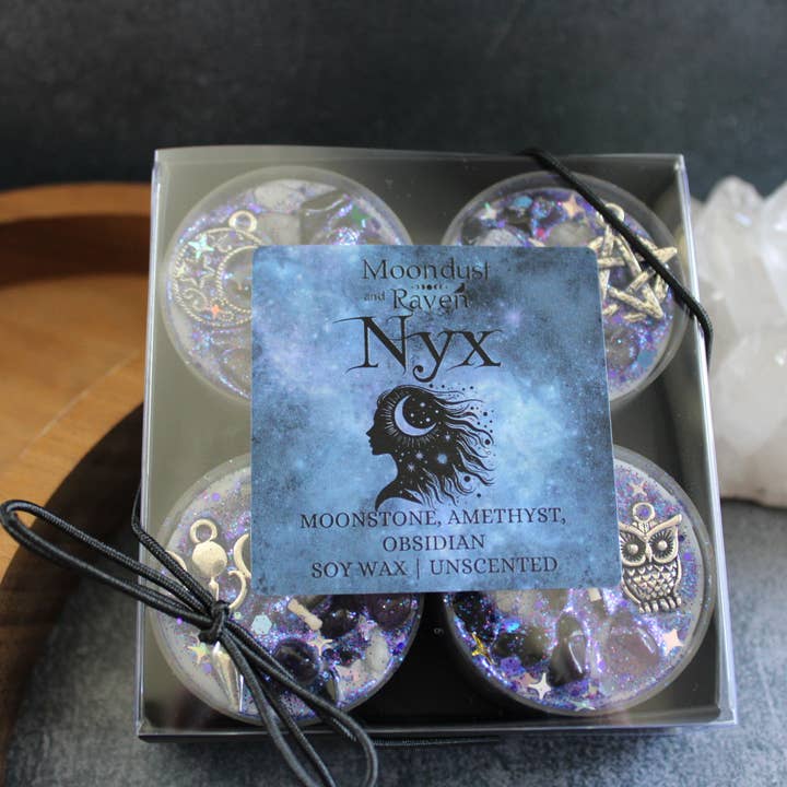 Moondust and Raven – Engroshandel Fyrfadslys – Nyx Tealight Krystallys, Gudinde Rituallys