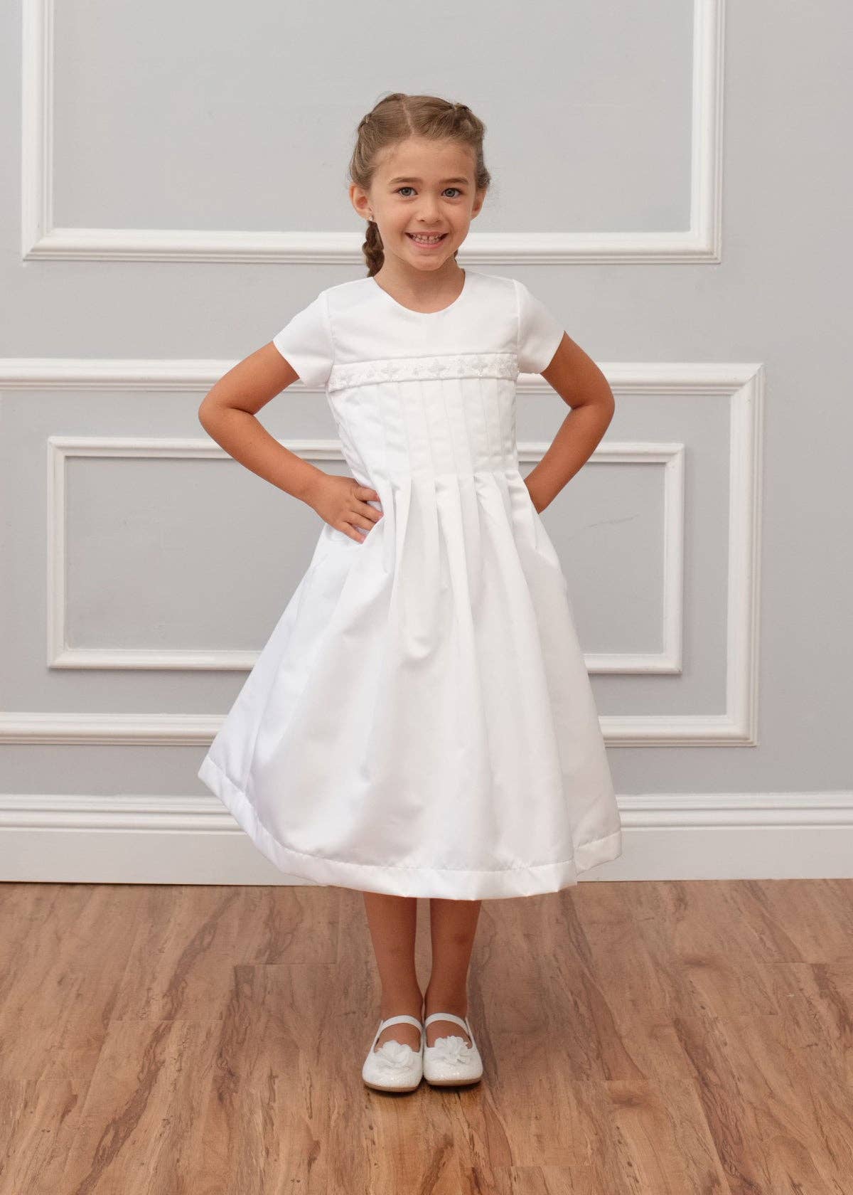 White Taffeta Pleated Communion Dress with Beaded Cross Detail for wholesale on Faire0