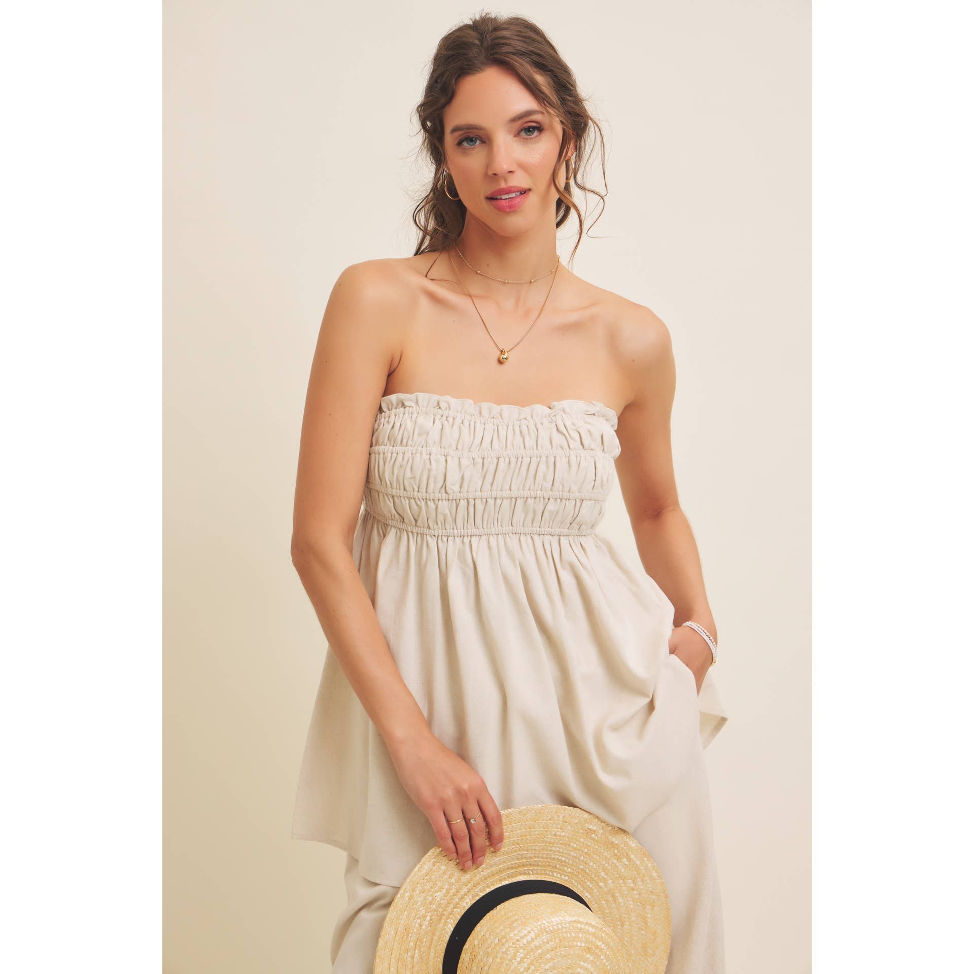 in february – Blusa - Mulher por atacado – TOP TÚNICA SEM ALÇAS DRAPEADO EM VISCOSE E LINHO21