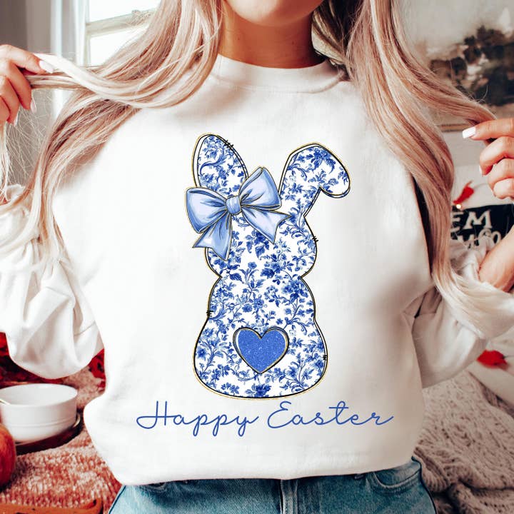 NVC Ecommerce LLC - Venta al por mayor Camiseta estampada - Mujer - Sudadera de Pascua Feliz, Camiseta de Conejo Azul con Motivo Floral Chinoiserie4