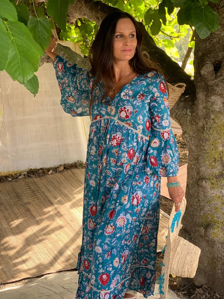 Aurobelle Ibiza - Wholesale Dress - Women's - Byron boho dress long in Jaipur blue hand block print