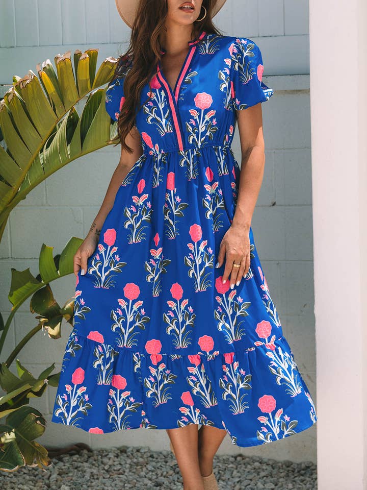 Floral Puff Short Sleeve V Neck High Waist Maxi Dress for wholesale by Secret Style Source