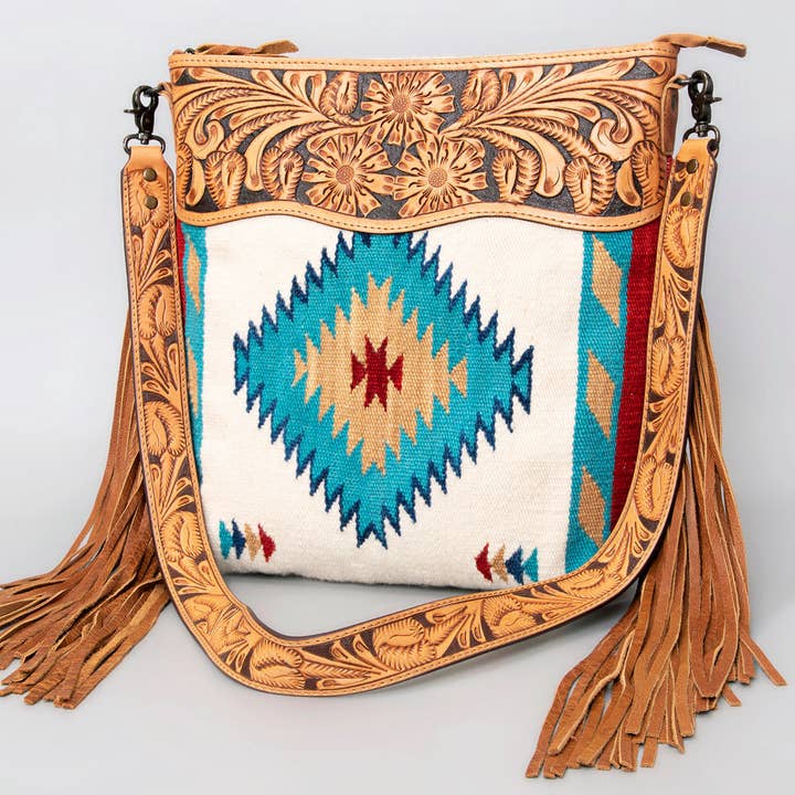 ADBG510 Tooled Leather & Saddle Blanket Crossbody Bag Western Fringe Purse - American Darling for wholesale by LS Western