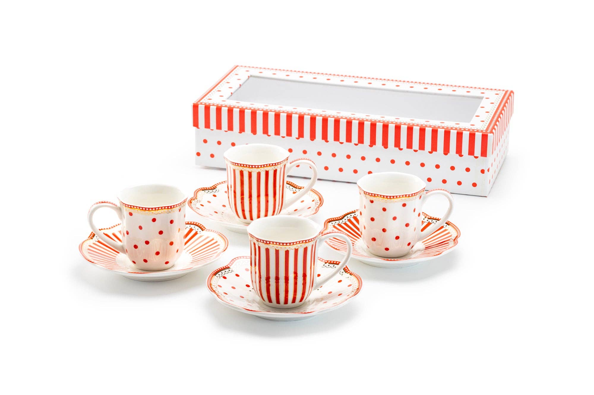 Grace Teaware - Wholesale Coffee/Tea Cup - Red Josephine Stripes and Dots 2oz Espresso Cups and Saucers2