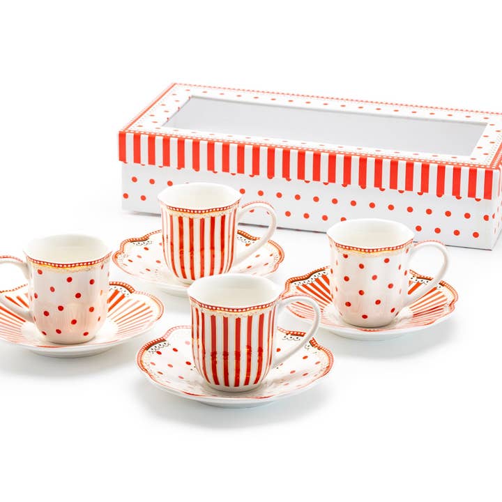 Grace Teaware - Wholesale Coffee/Tea Cup - Red Josephine Stripes and Dots 2oz Espresso Cups and Saucers2