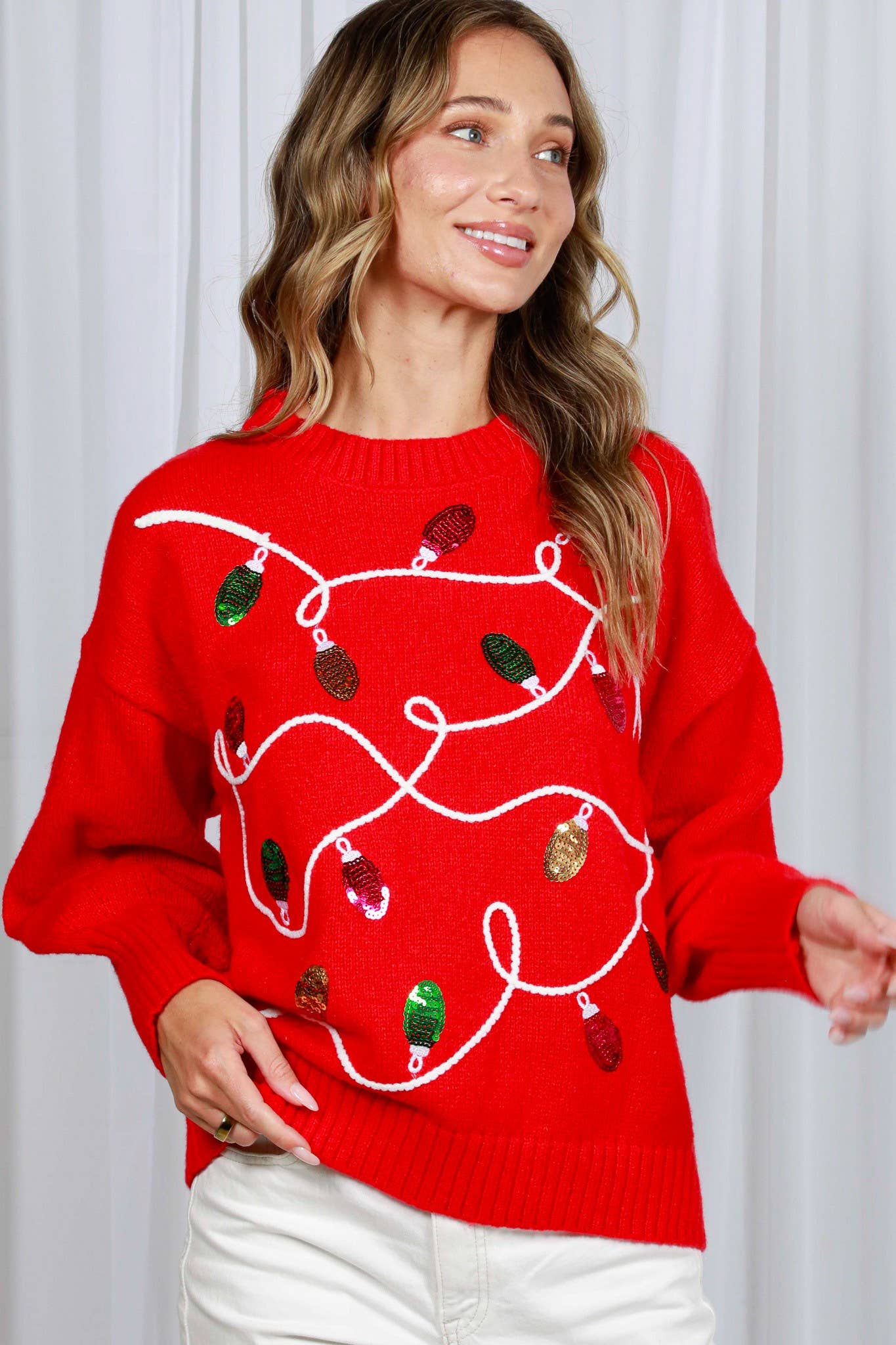 Vine & Love - Wholesale Knit Sweater - Women's - Colorful Christmas-Light Embellishment Cozy Sweater VT8225920