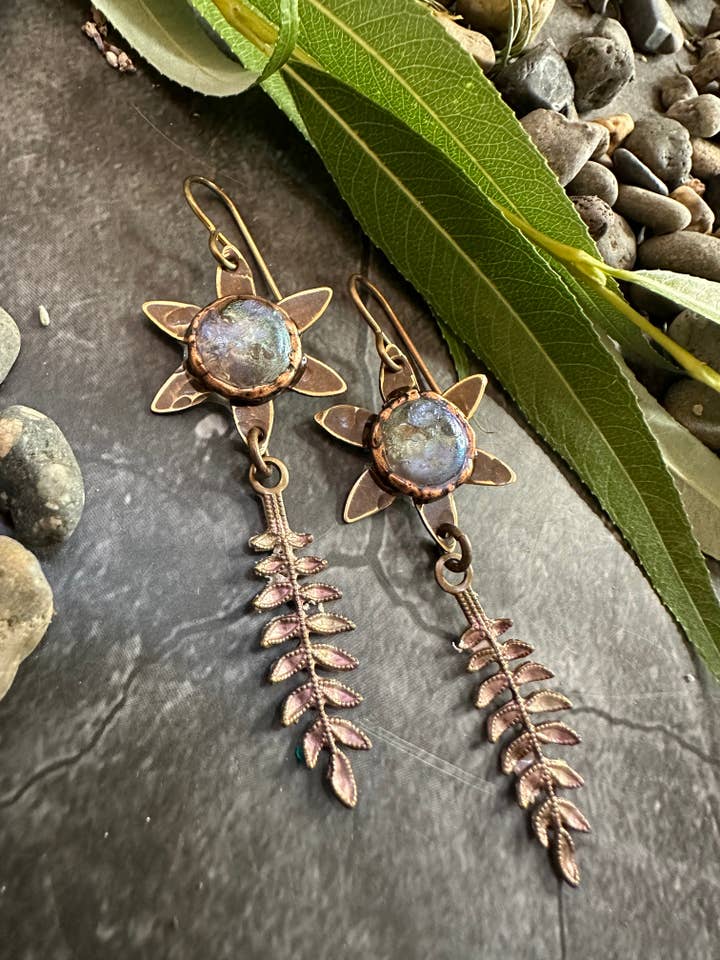 Dewdrop Fern Forest Earrings- Handmade Iridescent Patina for wholesale by The Sunstone on Main