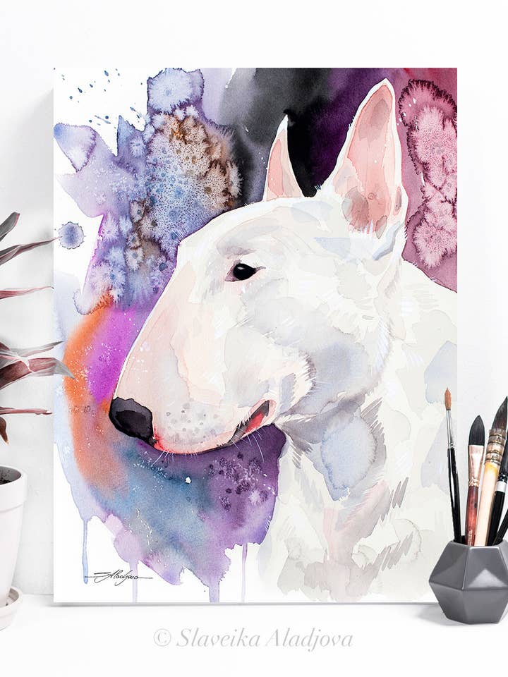 Tirage peinture aquarelle Bull Terrier, chien adorable, art décoratif pour la vente par Slaveika Aladjova