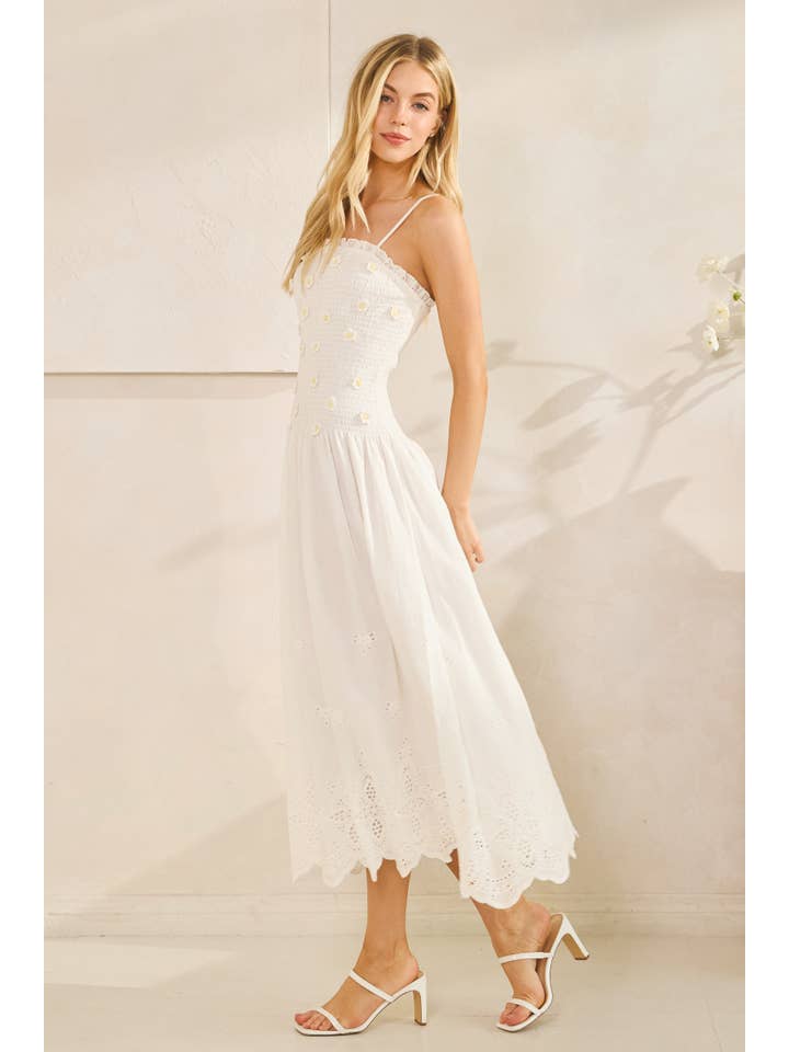 White NEGRIL FLOWER SMOCKING EYELET DRESS (ST#FSWD5315) for wholesale on Faire11