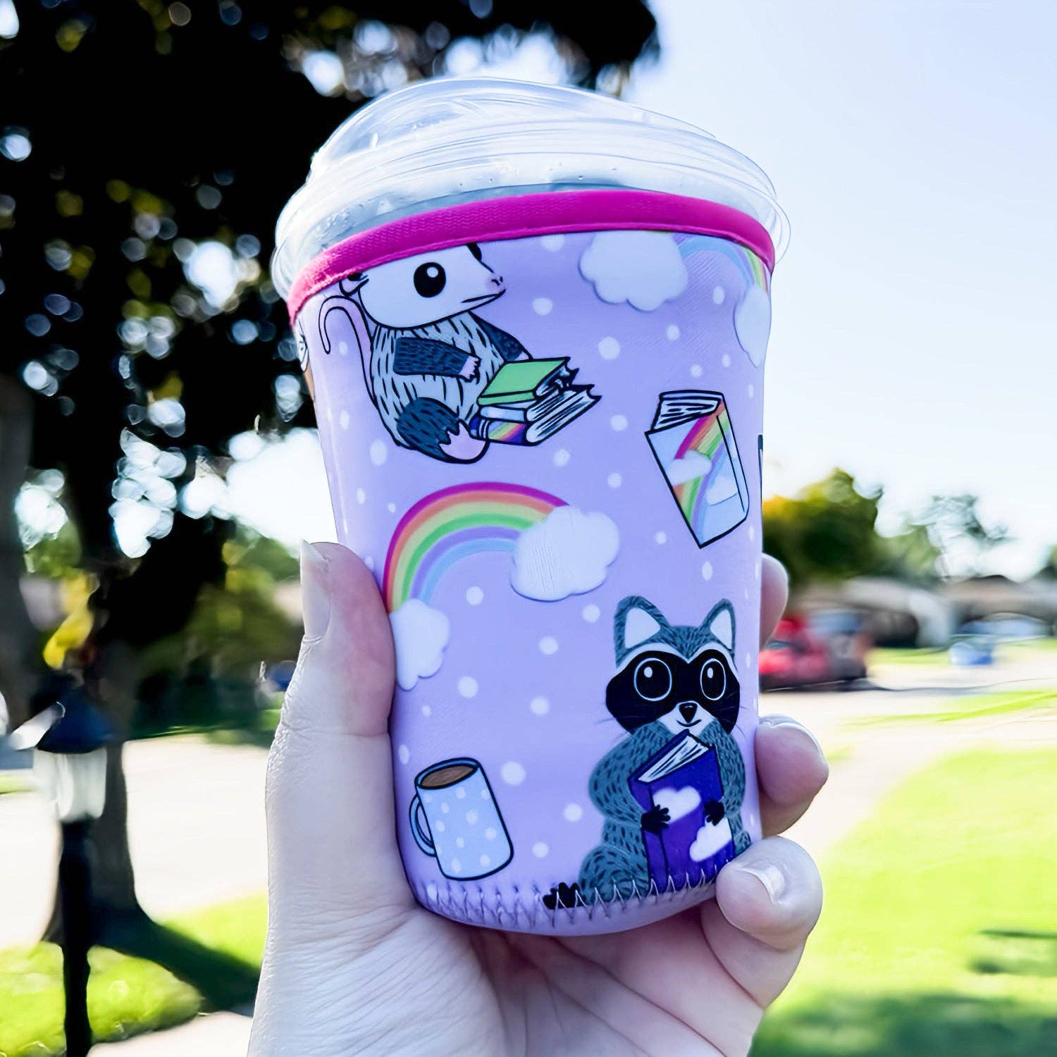 Sprinkles Studios - Wholesale Drink Huggers & Koozies - Trash Friends Bookish Iced Coffee Neoprene Sleeve1