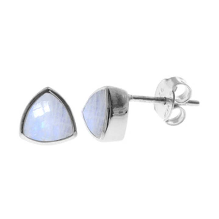 Brincos de botão em pedra da lua arco-íris cortada em trilhão Samira por atacado de Kali Ma Designs - Sterling Silver Jewellery