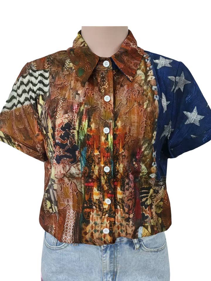 Retro American Flag Color-block Print Shirt for wholesale by Rosa Clothing