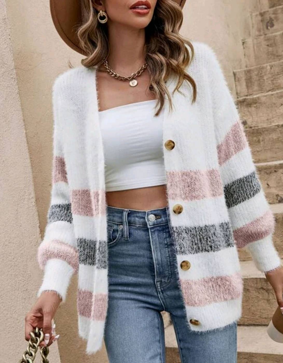 HIDDENBRAND - Wholesale Knit Sweater - Women's - Fall soft loose striped button cardigan2