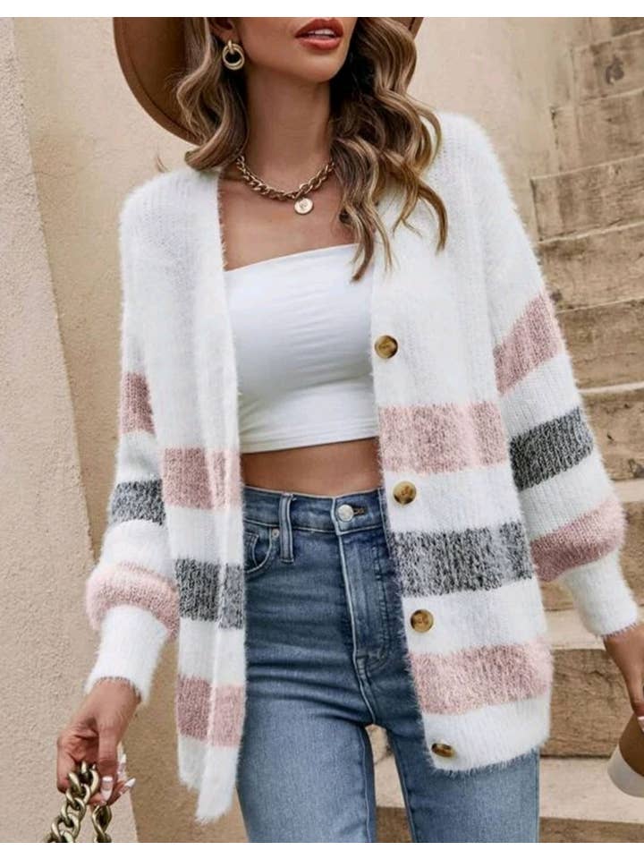 HIDDENBRAND - Wholesale Knit Sweater - Women's - Fall soft loose striped button cardigan2