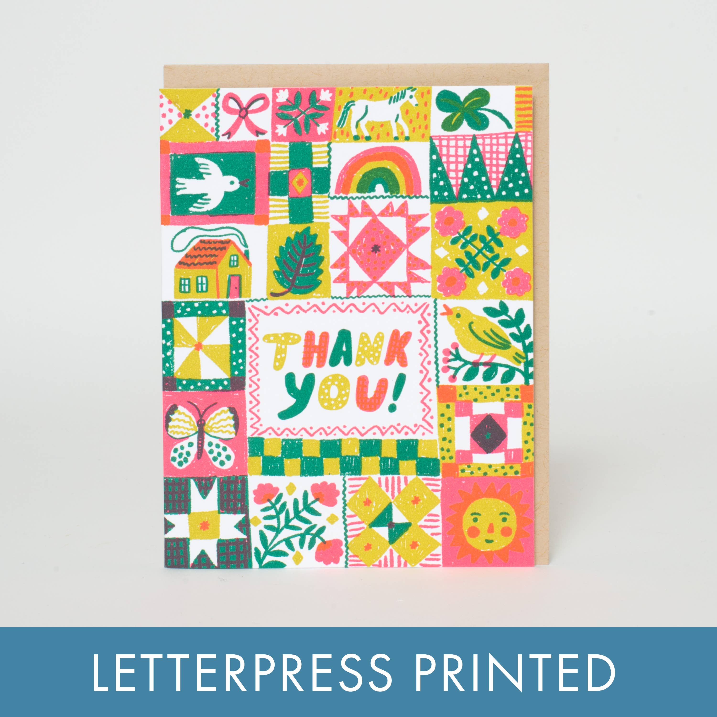 Egg Press Manufacturing - Wholesale Thank You Card - Folk Quilt Thanks Letterpress Greeting Card by Phoebe Wahl