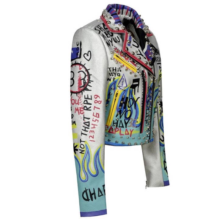 SILVER Punk Fashion Graffiti Rivets Motorcycle Leather Jacket for wholesale on Faire
