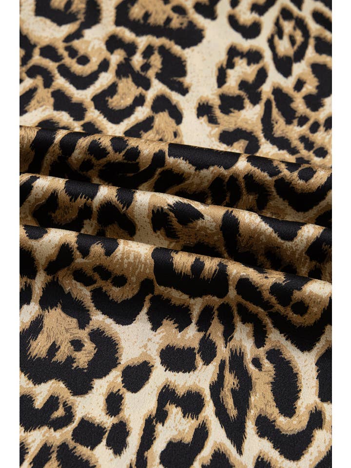 Brown Leopard Collared 3/4 Sleeve Shirt and Pants Set for wholesale on Faire5