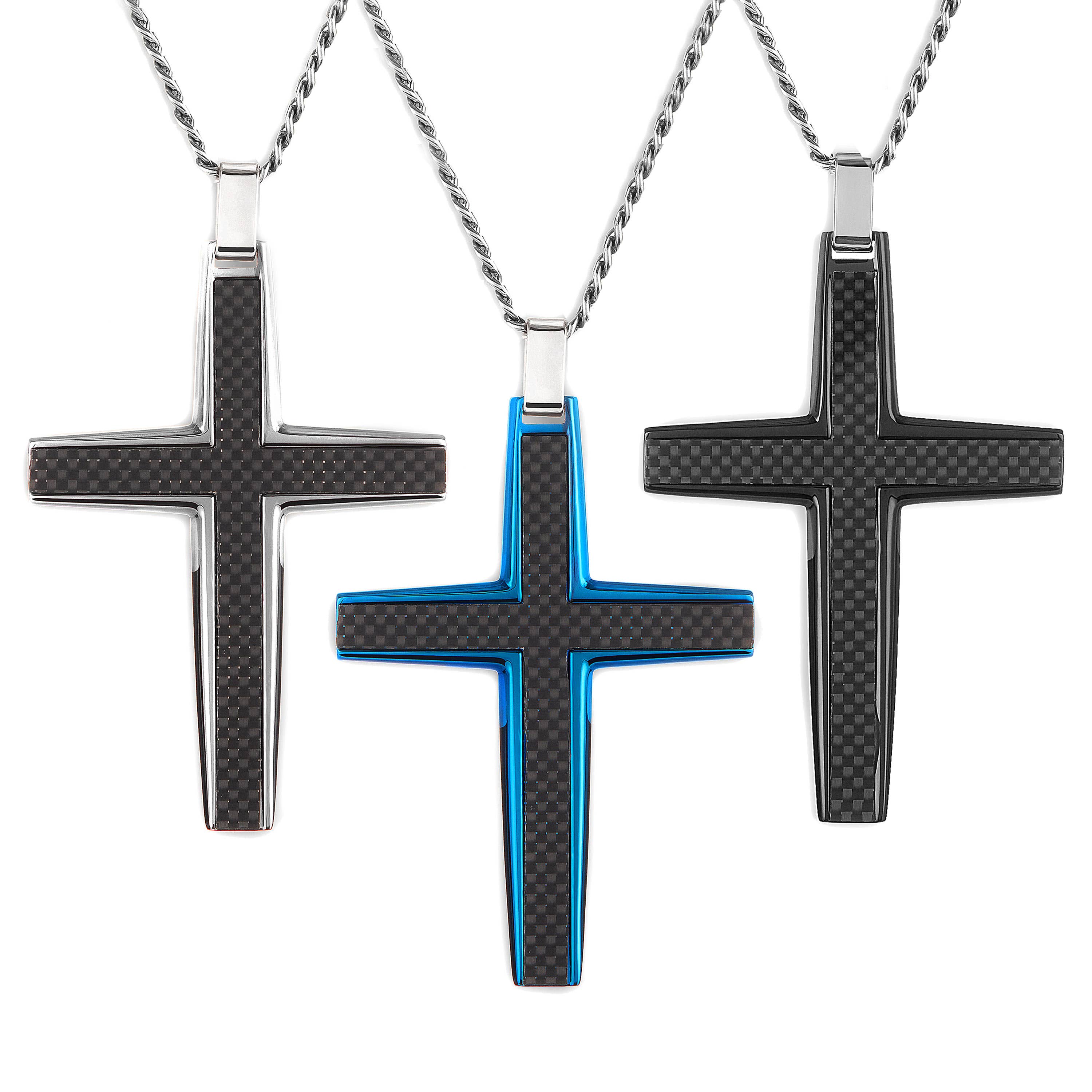 West Coast Jewelry - Wholesale Pendant/Charm Necklace - Men's Large Stainless Steel Carbon Fiber Cross Pendant3