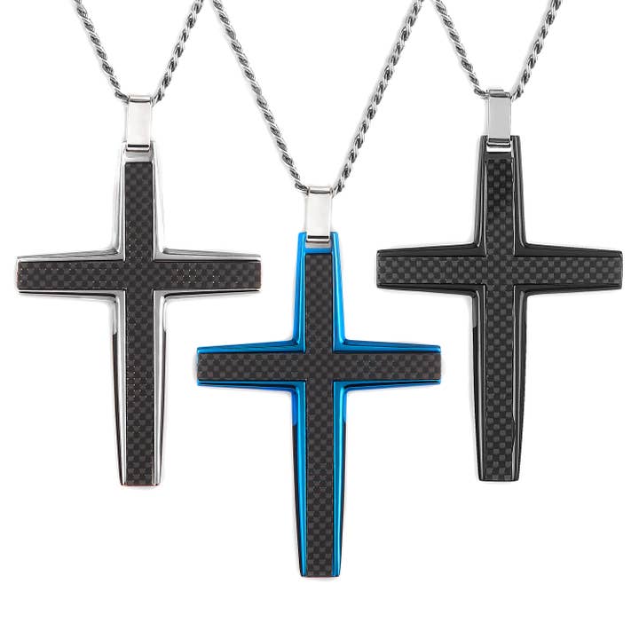 West Coast Jewelry - Wholesale Pendant/Charm Necklace - Men's Large Stainless Steel Carbon Fiber Cross Pendant3