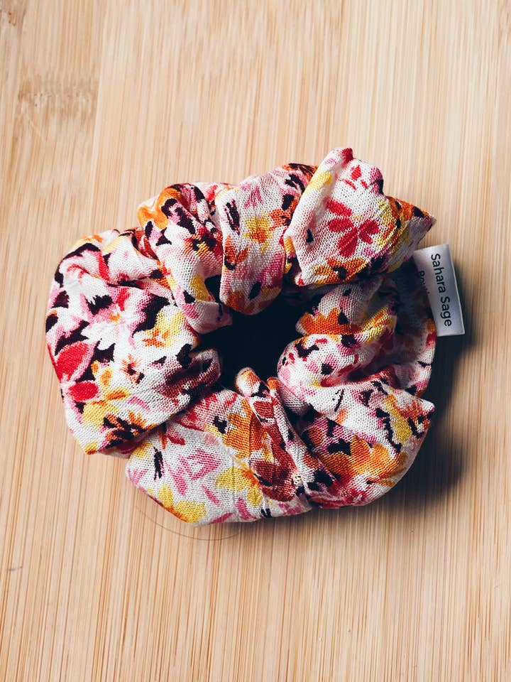 Floral Scrunchie, Handmade Scrunchy, Yellow Pink Luxe for wholesale by Sahara Sage Boutique