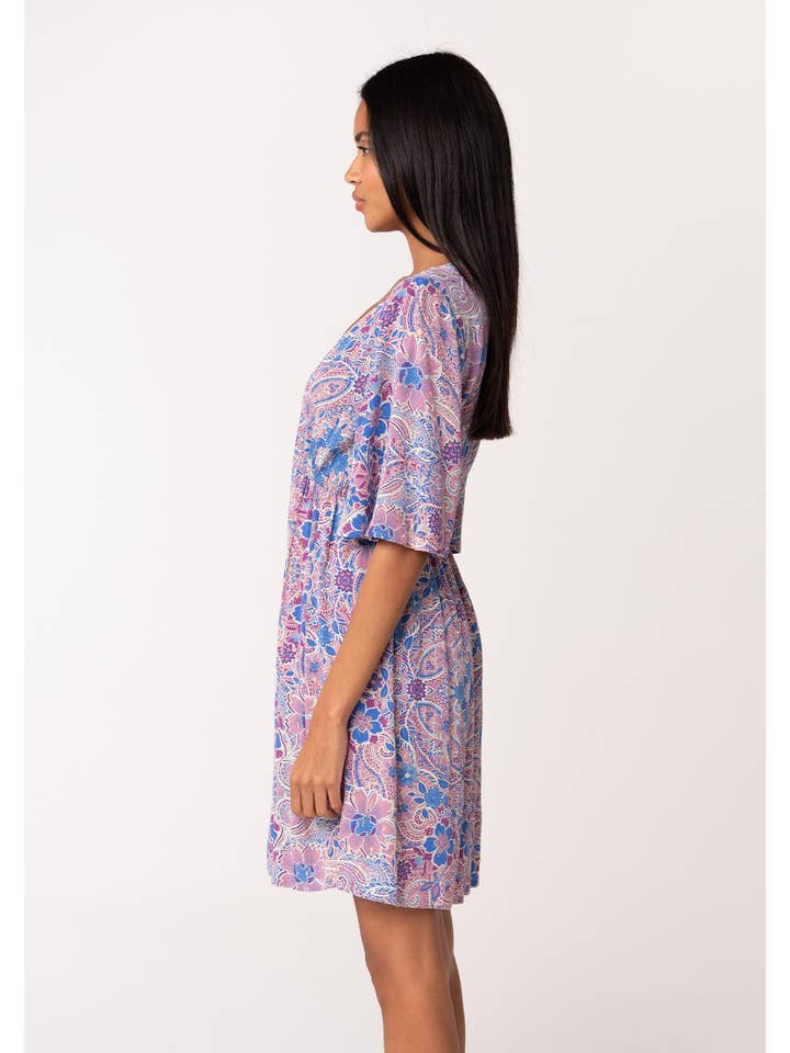 Dusty Rose Blue Lurex Floral Empire Waist Half Sleeve Mini Dress for wholesale on Faire
