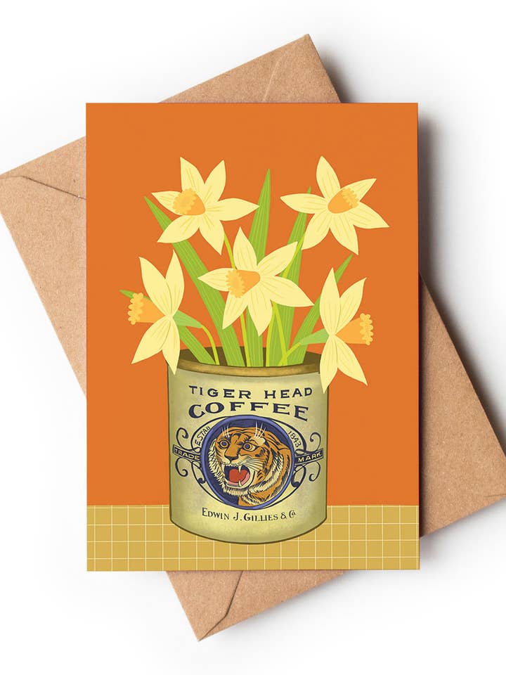 Daffodils Tin: A6 Yellow Greetings Card for wholesale by Su Owen
