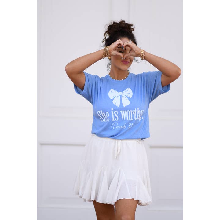 Heather Blue RTS She Is Worthy Tee for wholesale on Faire