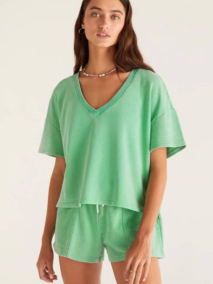 Lovesoft - Wholesale Lounge Set - Women's - Mint Green V Neck Drop Shoulder Tee and Patchwork Drawstring Shorts Set
