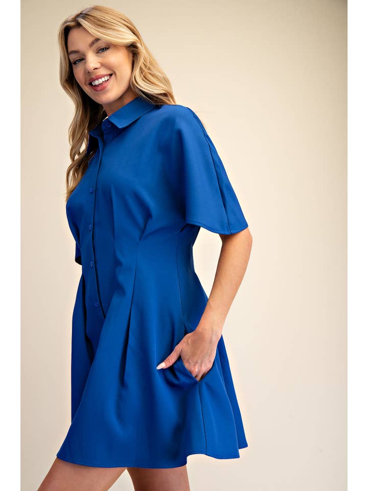 Glam - Wholesale Dress - Women's - Short-Sleeve Pleated Shirt Mini Dress7