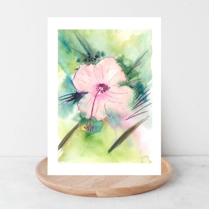 Hibiscus électrique handpainted watercolour card for wholesale by JoiebyLise