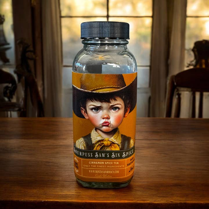 Montana Farmacy - Wholesale Loose Tea - Sourpuss Sam cowboy pouty Tea Cinnamon Spice IN glass jar