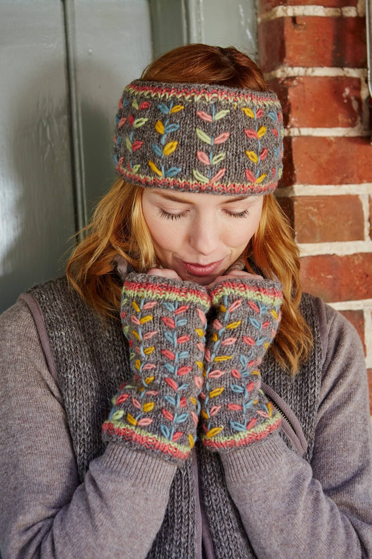 Kylemore Embroidered Leaf Wool Knit Fingerless Gloves Grey for wholesale on Faire5