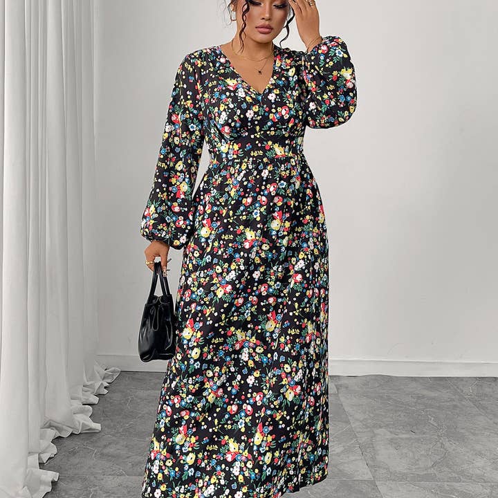 Black Women V Neck High Waist Flowy Dress with Puff Sleeves for wholesale on Faire