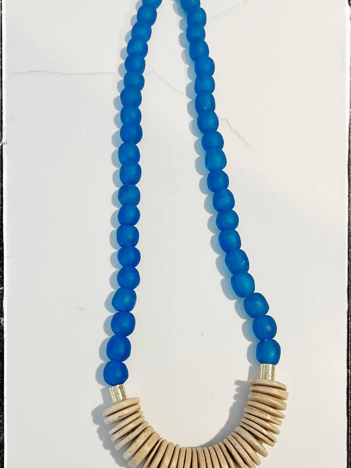 Short Wood Bead Necklace Coconut Recycled Glass Cobalt Blue for wholesale by GentrybyJenna