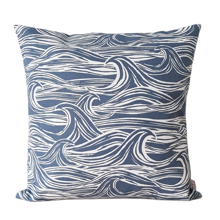 Cushion with marine wave patterns in blue and white for wholesale by Les P'tits Coussins