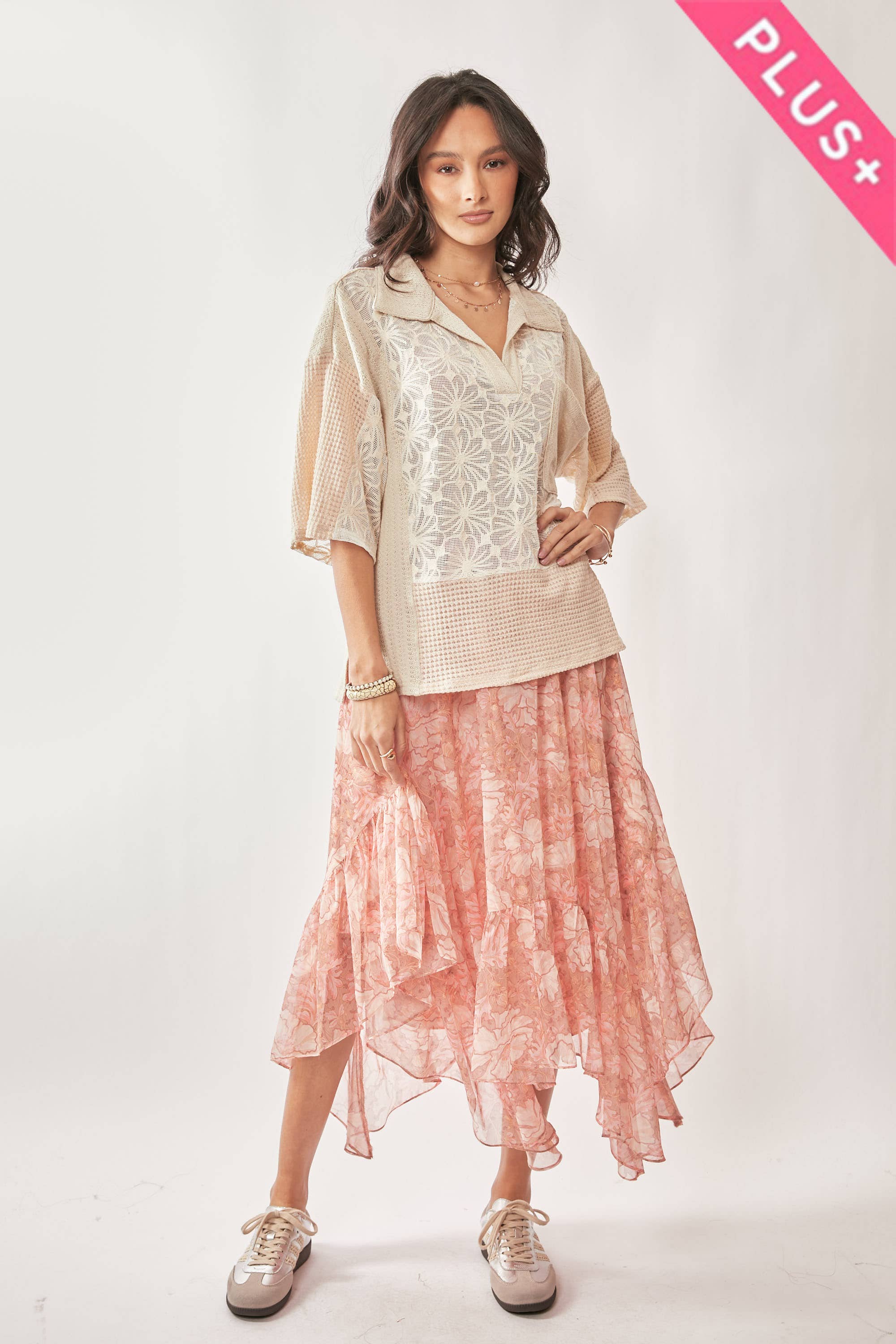 Cream Beige PLUS LACE MIXTURE COLLAR NECK SHORT SLEEVE TOP for wholesale on Faire4