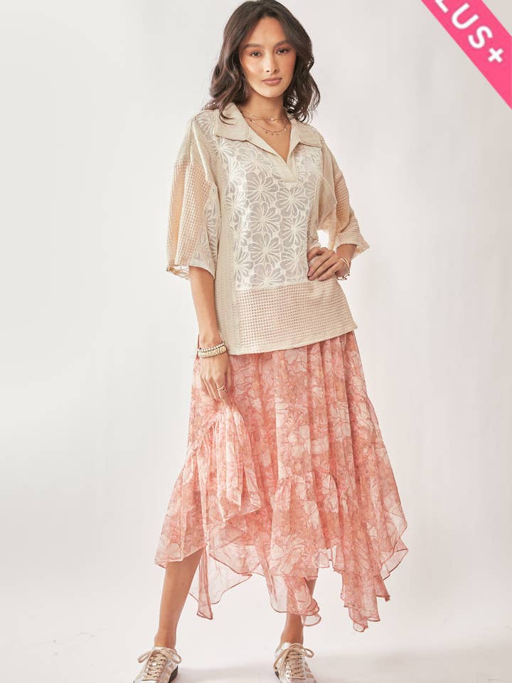 Cream Beige PLUS LACE MIXTURE COLLAR NECK SHORT SLEEVE TOP for wholesale on Faire4