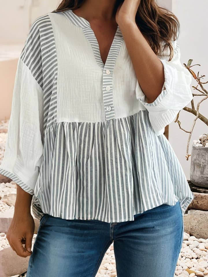 LDC Button Gauze Patchwork Bracelet Sleeve Babydoll Blouse for wholesale by Little Daisy Closet